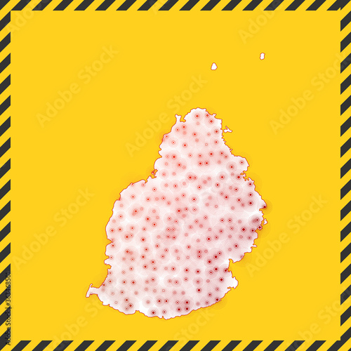 Mauritius closed - virus danger sign. Lockdown island icon. Black striped border around map with virus spread concept. Vector illustration.