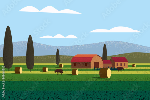 Rural farm landscape field country house, cows. Summer hills sunset farmland