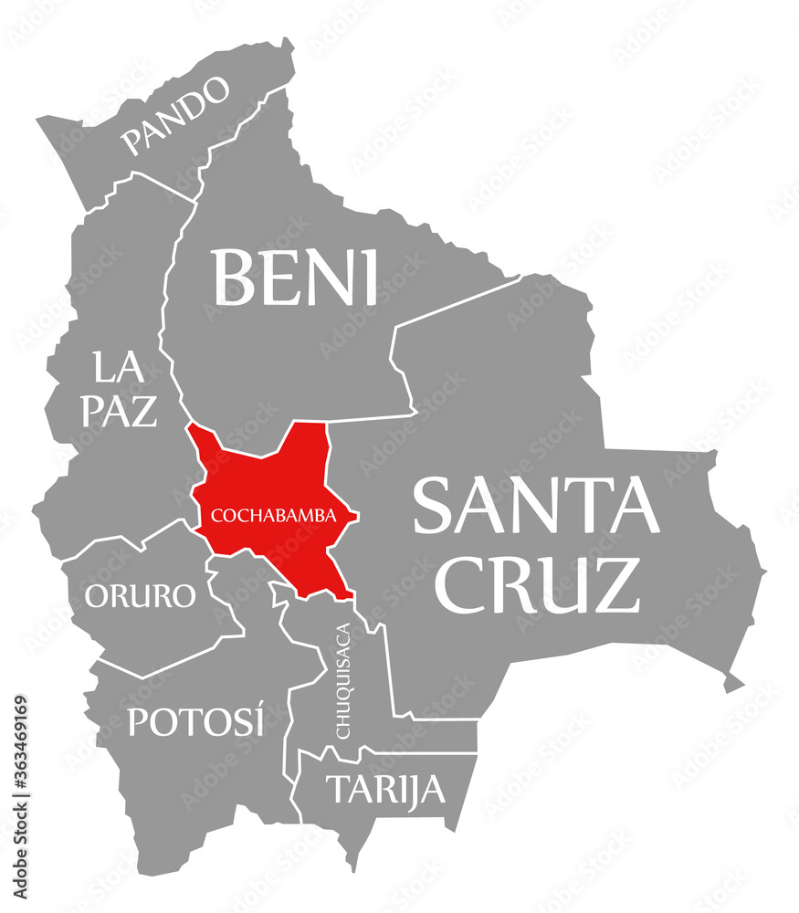 Cochabamba red highlighted in map of Bolivia