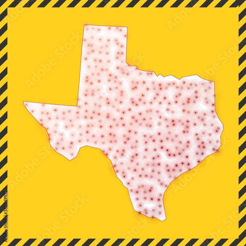 Texas closed - virus danger sign. Lock down US state icon. Black striped border around map with virus spread concept. Vector illustration.