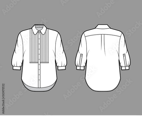 Shirt technical fashion illustration with bib, button down front opening, round collar, elbow sleeves with cuff, oversized body. Flat apparel template front back white color. Women, men unisex mockup