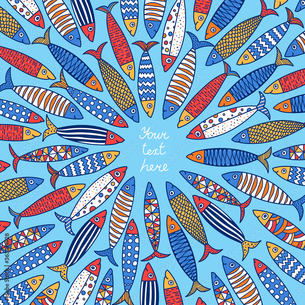 Obraz premium Lovely sardines. Postcard with colorful fish.