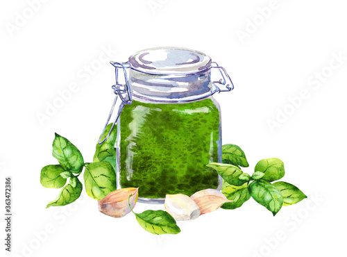 Homemade basil pesto sauce in glass jar with fresh basil leaves and garlic. Watercolor food