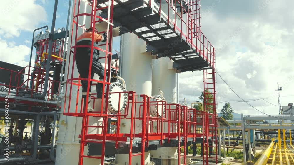 Aerial view gas station operator descends from the top of the station ...