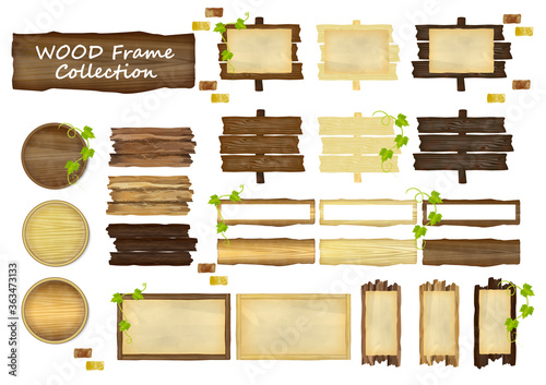 木製看板とアンティーク風の紙と蔓植物とレンガのベクターイラスト素材セット