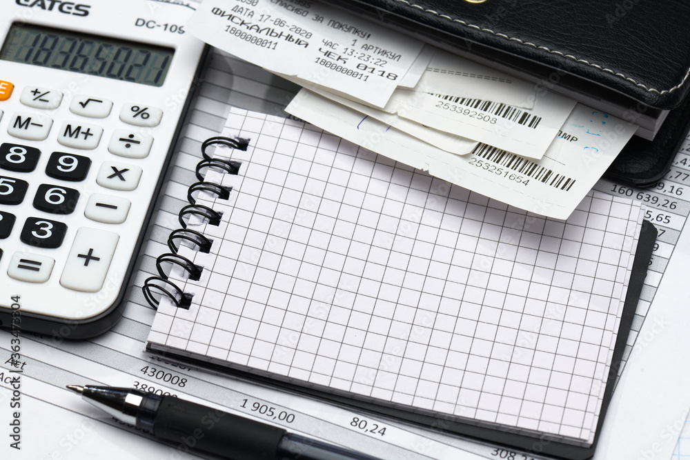 cash registers purchase receipt, calculator and financial reports, analysis and accounting, various office items for bookkeeping cash registers purchase receipt, calculator and financial reports, analysis and accounting, various office items for bookkeeping