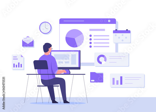 man sitting in a chair working desktop background calendar calendar clock email file folder diagram on the email screen. productive concept with flat cartoon style. © MGhozi