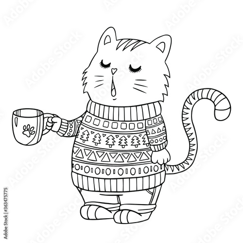 Coloring page. Funny cartoon cat in sweater holds a cup of coffee. Vector cute outline illustration for coloring books, print, cafe, posters.