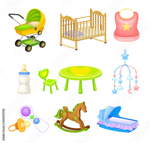 Baby Nursery Objects with Hanging Toy and Baby Carriage Vector Set photo