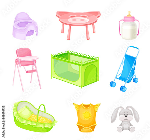 Nursery Objects with Fluffy Toy Hare and Baby Chair Vector Set photo