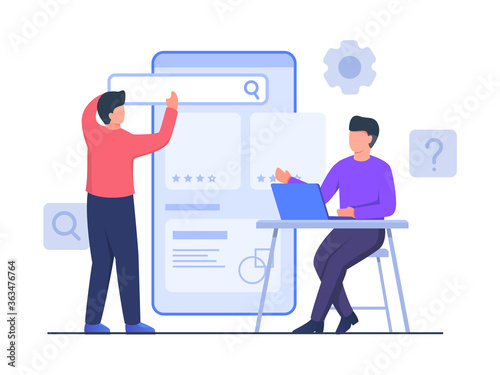 Guy sit chair working on laptop collaboration with partner setting UI on big smart phone create app design with flat cartoon style.