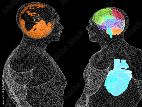 Wire human body model with heart and brain in x-ray. 3d render. Global medical concept with Earth. 3d render. On a black background.