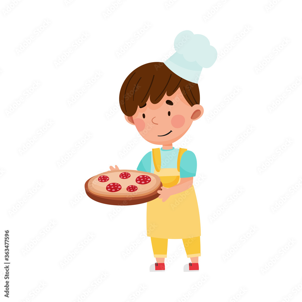Smiling Boy Character in Hat and Apron Standing and Holding Pizza on Wooden Board Vector Illustration Smiling Boy Character in Hat and Apron Standing and Holding Pizza on Wooden Board Vector Illustration