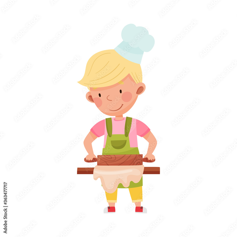 Little Boy Character in Hat and Apron Standing at Kitchen Table and Flattening Dough with Rolling Pin Vector Illustration Little Boy Character in Hat and Apron Standing at Kitchen Table and Flattening Dough with Rolling Pin Vector Illustration