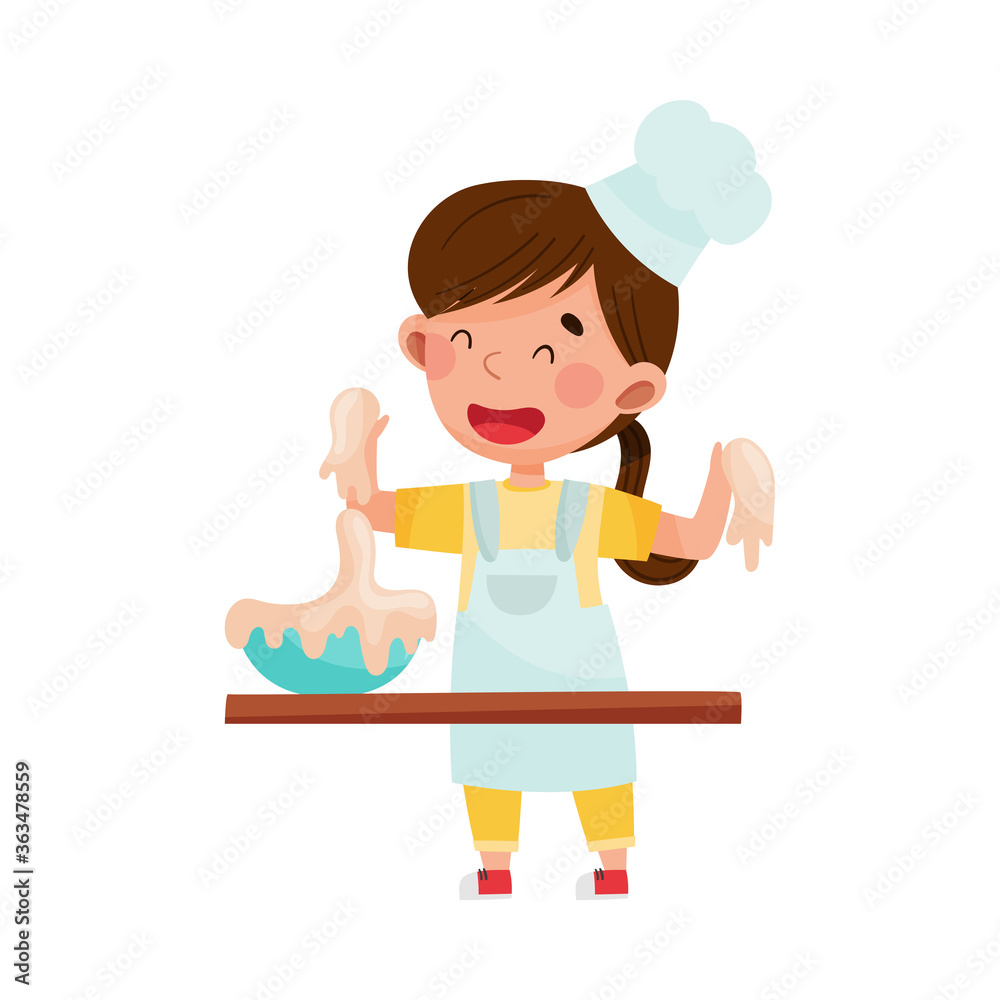 Little Girl Character in Hat and Apron Standing at Kitchen Table and Kneading Dough Vector Illustration Little Girl Character in Hat and Apron Standing at Kitchen Table and Kneading Dough Vector Illustration