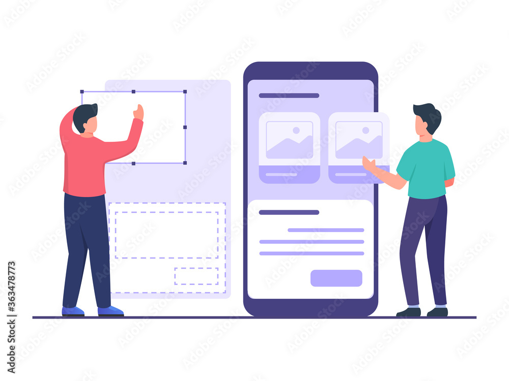 UI designer create wireframe using tool in collaboration with developer design mobile apps on large smartphone with flat cartoon style. UI designer create wireframe using tool in collaboration with developer design mobile apps on large smartphone with flat cartoon style.