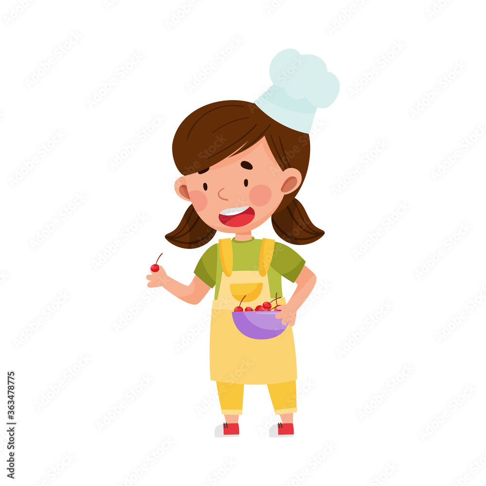 Funny Girl Character in Hat and Apron Carrying Cherry in Bowl for Baking Vector Illustration Funny Girl Character in Hat and Apron Carrying Cherry in Bowl for Baking Vector Illustration