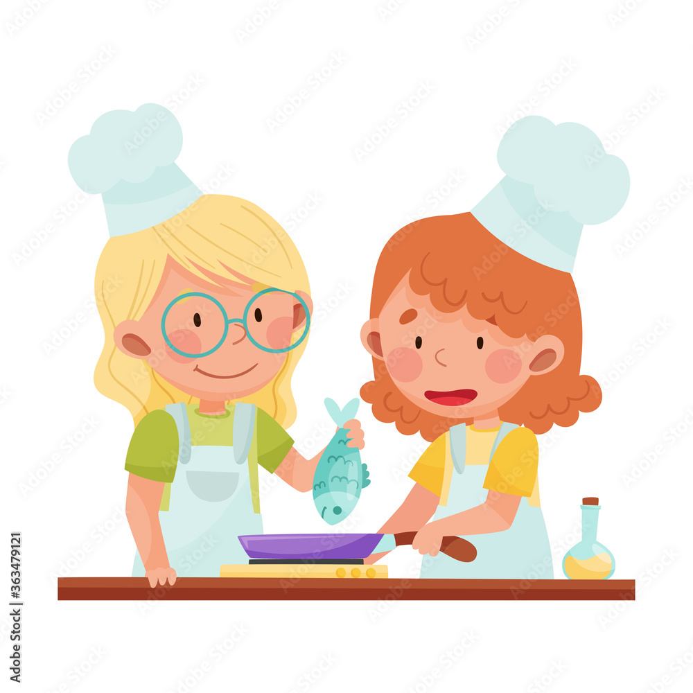 Happy Girl Chef Characters Wearing Apron and Hat Frying Fish on Frying Pan Vector Illustration Happy Girl Chef Characters Wearing Apron and Hat Frying Fish on Frying Pan Vector Illustration