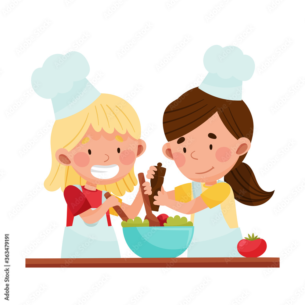 Happy Girl Chef Characters Wearing Apron and Hat Dressing Salad Vector Illustration Happy Girl Chef Characters Wearing Apron and Hat Dressing Salad Vector Illustration
