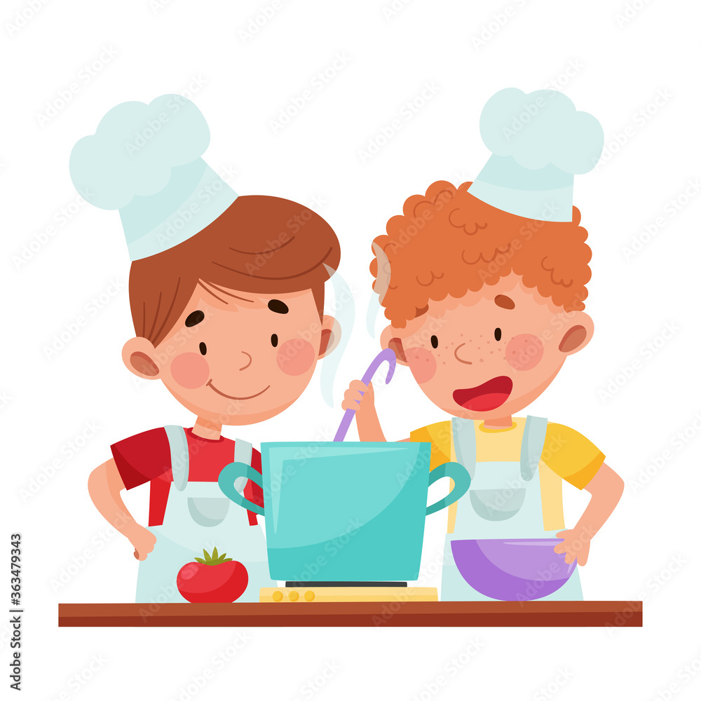 Cute Boy Chef Characters Wearing Apron and Hat Cooking Soup Vector Illustration Cute Boy Chef Characters Wearing Apron and Hat Cooking Soup Vector Illustration