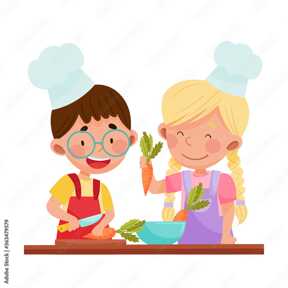 Cheerful Girl and Boy Chef Characters Wearing Apron and Hat Chopping Carrot on Cutting Board Vector Illustration Cheerful Girl and Boy Chef Characters Wearing Apron and Hat Chopping Carrot on Cutting Board Vector Illustration