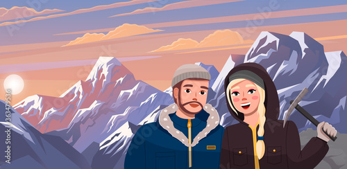 Hiking sport, climbing couple illustration. Man and women hiker in the cold season in warm clothes in the snowy mountains. Woman holding pickaxe. Family expedition and exploration active lifestyle
