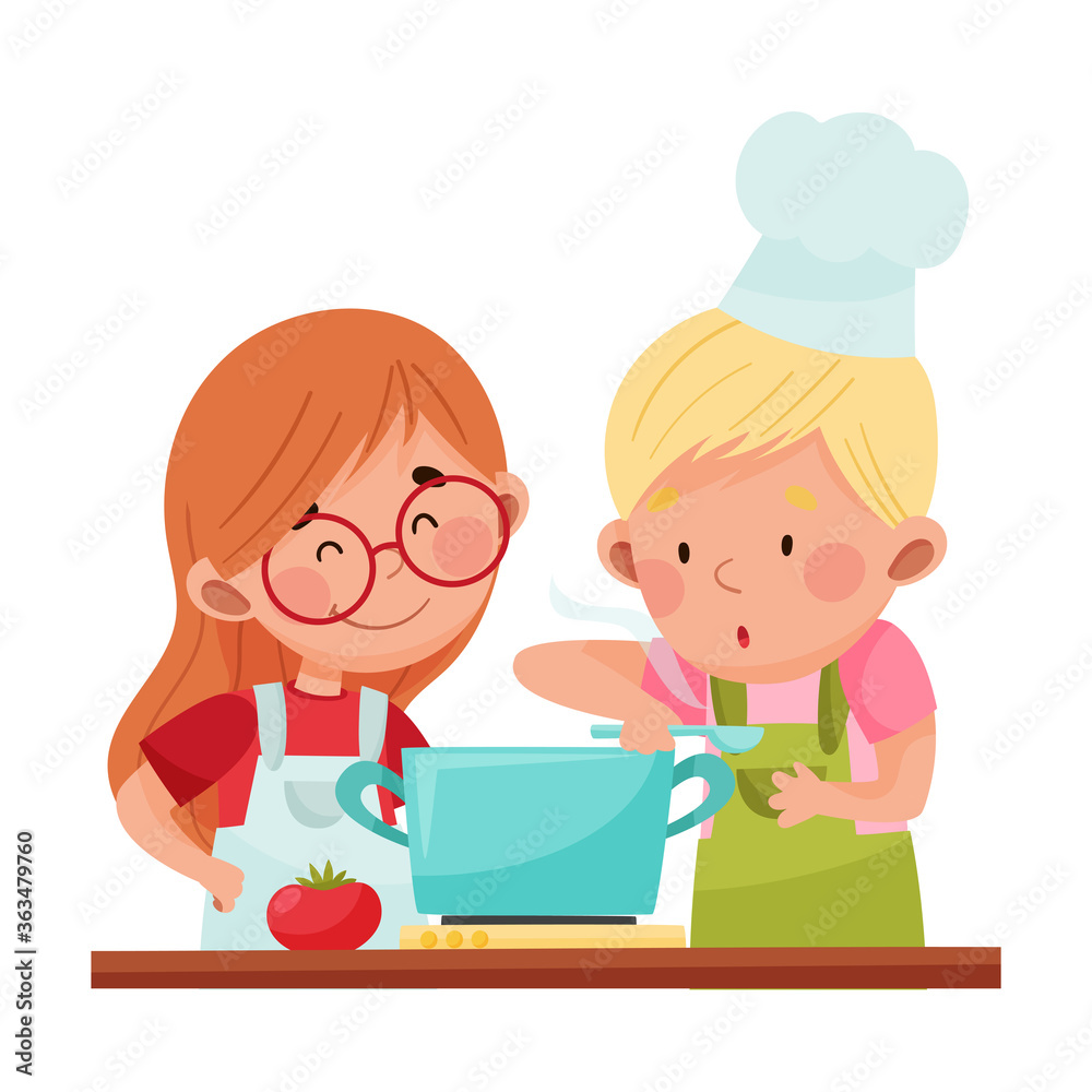 Happy Boy and Girl Chef Characters Wearing Apron and Hat Cooking Soup Vector Illustration Happy Boy and Girl Chef Characters Wearing Apron and Hat Cooking Soup Vector Illustration