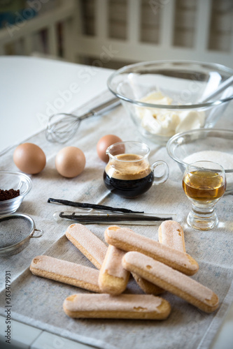 Ingredients for homemade tiramisu  mascarpone cheese  eggs  coffee  vanilla  sugar  cocoa powder and ladyfingers. 