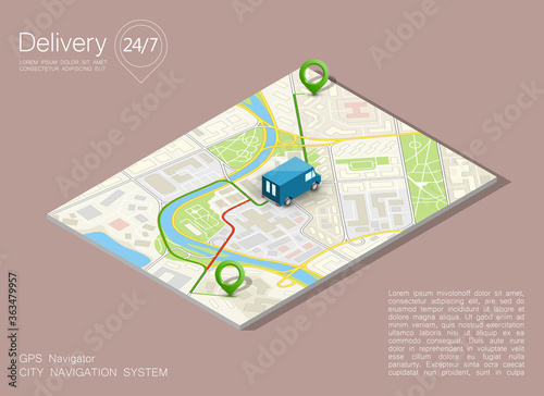 Isometric City map navigation route, point markers delivery van, isometry schema itinerary delivery car, city plan GPS navigation, itinerary destination arrow city. Route delivery check point graphic
