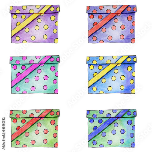 Set of spotted wrapped cardboard gift boxes with ribbon. Watercolor markers hand drawn illustration in cartoon realistic. Violet, red, mint, purple, blue, green. Happy new year, birthday, celebration.