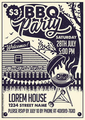 Vector Invitation Card. BBQ Party On The Backyard. Vector Poster Illustration.