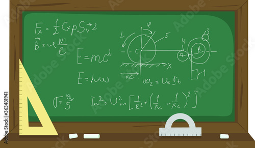 School blackboard with written formulas and math numbers. It's time for school. Vector illustration.