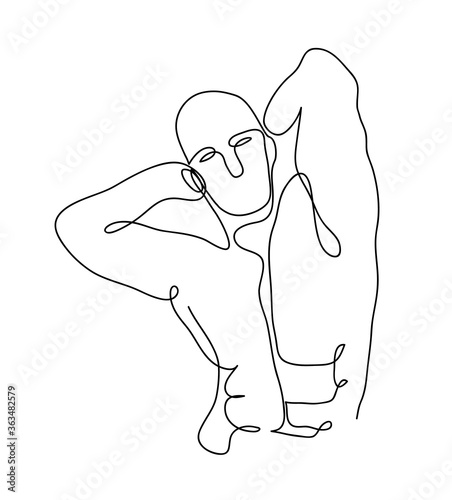 Continuous one line drawing of a bodybuilder flexing his muscles, hand drawn vector continuous one line art of a strong man