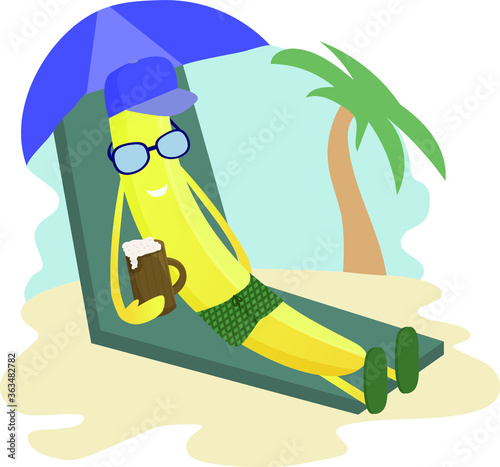 Funny cartoon character.  Banana resting, sunbathing, lying under a palm tree, in a swimsuit and sunglasses. Summer season. Vector illustration
