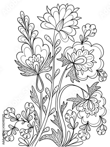 flowers greens graphics contour illustration coloring book vector isolate on white background nature fantasy antistress for kids and adults