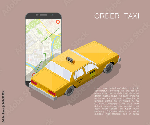 Yellow isometric taxi cab banner. Online mobile application order taxi service illustration. Flat car isometric quality banner. 3D taxi vehicle smartphone. Get a taxi online phone isometry application