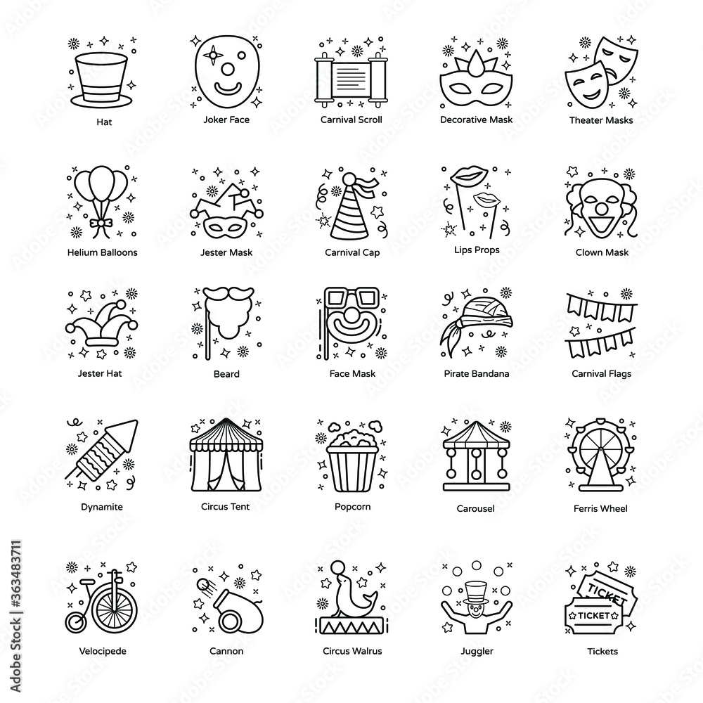 
Carnival Accessories Line Icons Pack 
