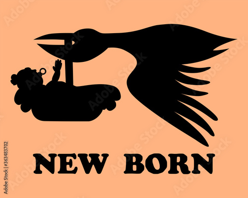 Vector illustrator sign symbol logo of Pelican fly to send a new born baby. It is a black silhouette on an orange background.