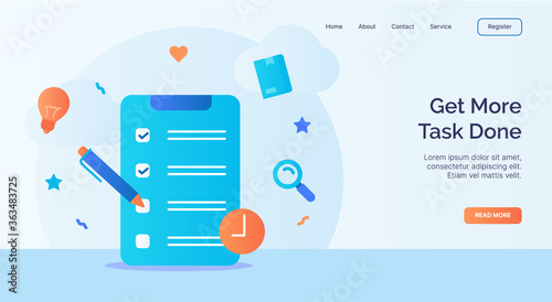 Get more task done clipboard checklist icon campaign for web website home page landing template with cartoon style.