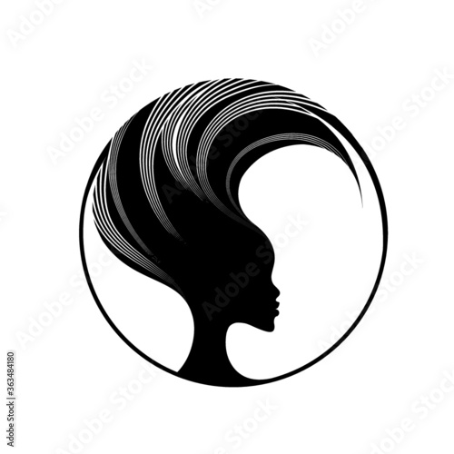 Hair salon logo.Beautiful Afro-American woman portrait with long, wavy hairstyle.Face silhouette.Cosmetics and spa.Elegant style.Profile view.Circular icon.