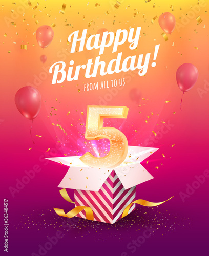 5 years anniversary vector banner template. Five years jubilee with balloons and confetti on a bright background. 