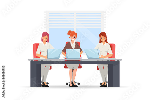 Businesswoman working with a laptop computer. Teamwork character group.