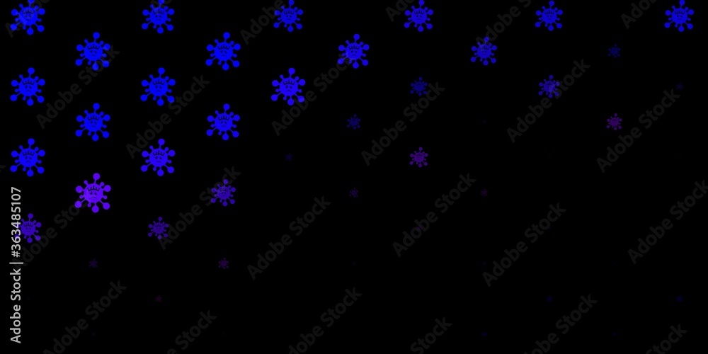 Dark pink, blue vector pattern with coronavirus elements.