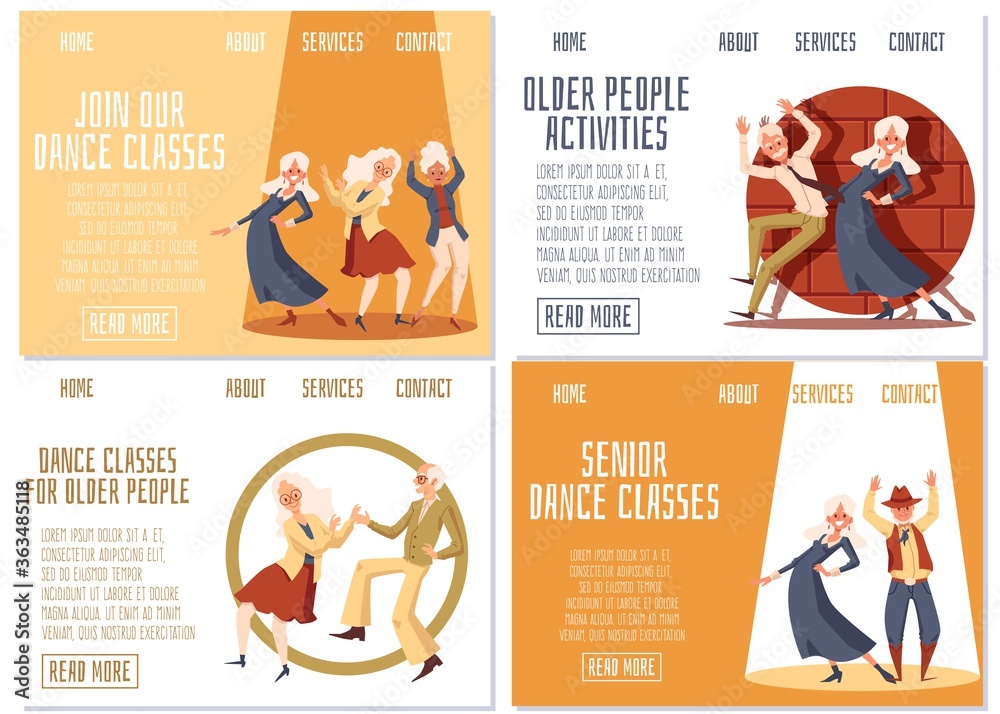 Banners set for elderly people club and dancing classes flat vector illustration. Banners set for elderly people club and dancing classes flat vector illustration.