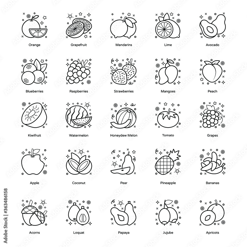 
Pack of Delicious Fruits in Line Style 
