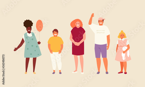Smiling group of children boys and girls of different ages. Vector characters