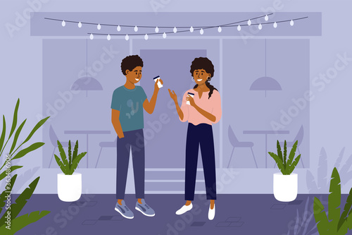 Man and woman with cup of coffee in hands stand on street. Young black people have small talk outside cafe house. City lifestyle, break of work, meeting friends. Morning ritual vector illustration