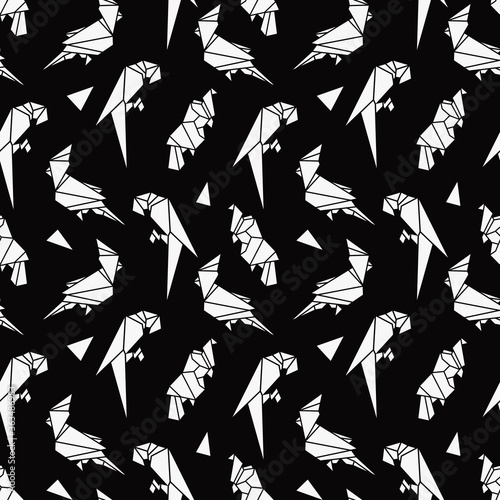pattern with abstract parrots, black and white, origami