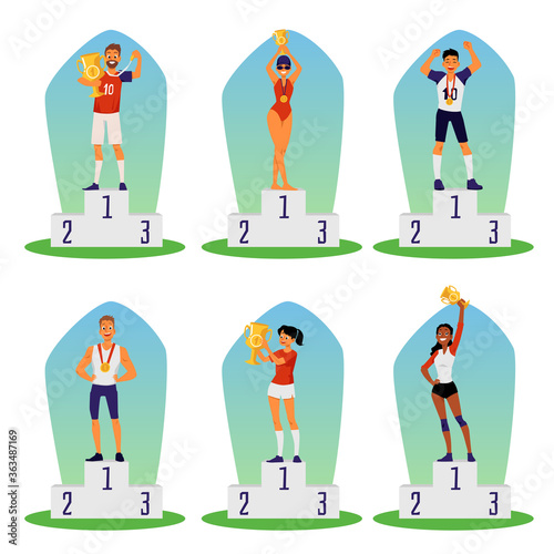 Set of people winners in sport competition flat vector illustration isolated.