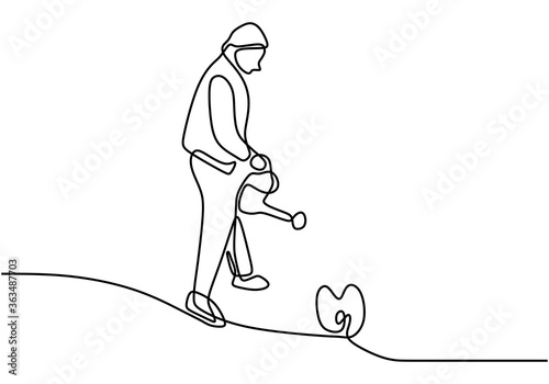 man watering plant in order to make it growing one line drawing vector isolated on white background.